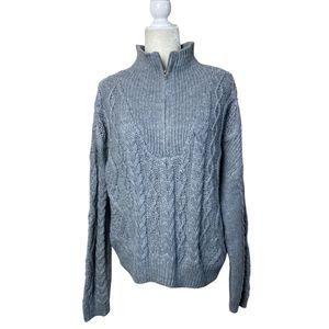 Lucky Brand Gray Cableknit 1/2 Zip Stand Up Collar Wool blend Chunky Sweater